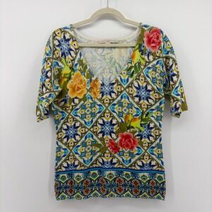 Boston Proper Tile Floral Print Art To Wear Top Multicolor Size M Short Sleeve